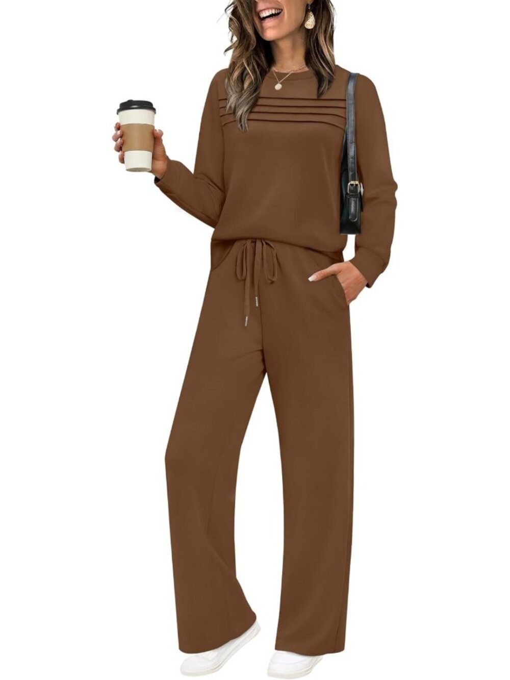 Cozy Women's 2 Piece Lounge Set - Casual Sweatshirt & Wide Leg Pants Outfit